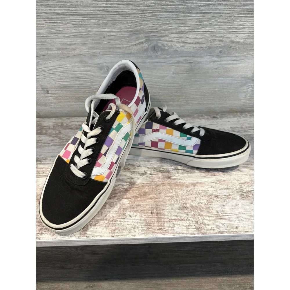 Vans Old Skool Low Top Sneakers Rainbow Checkerboard Black White Lace Up Youth 7